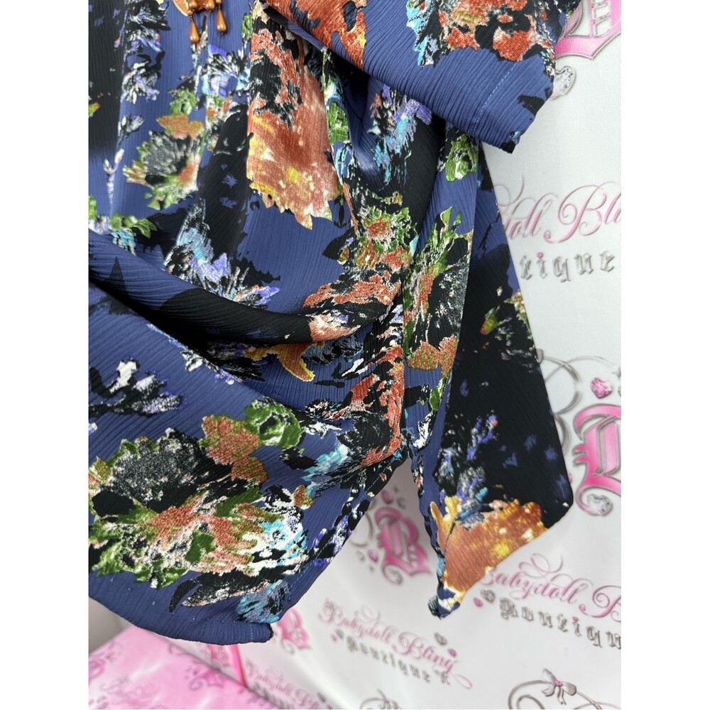 Shirt T-shirt beaded neckline Boho Floral V-Neck Tunic Top - Blue & Rust - Picture 7 of 9